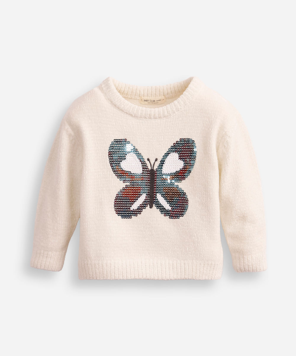 suéter de tricot infantil borboleta de paetê off white
