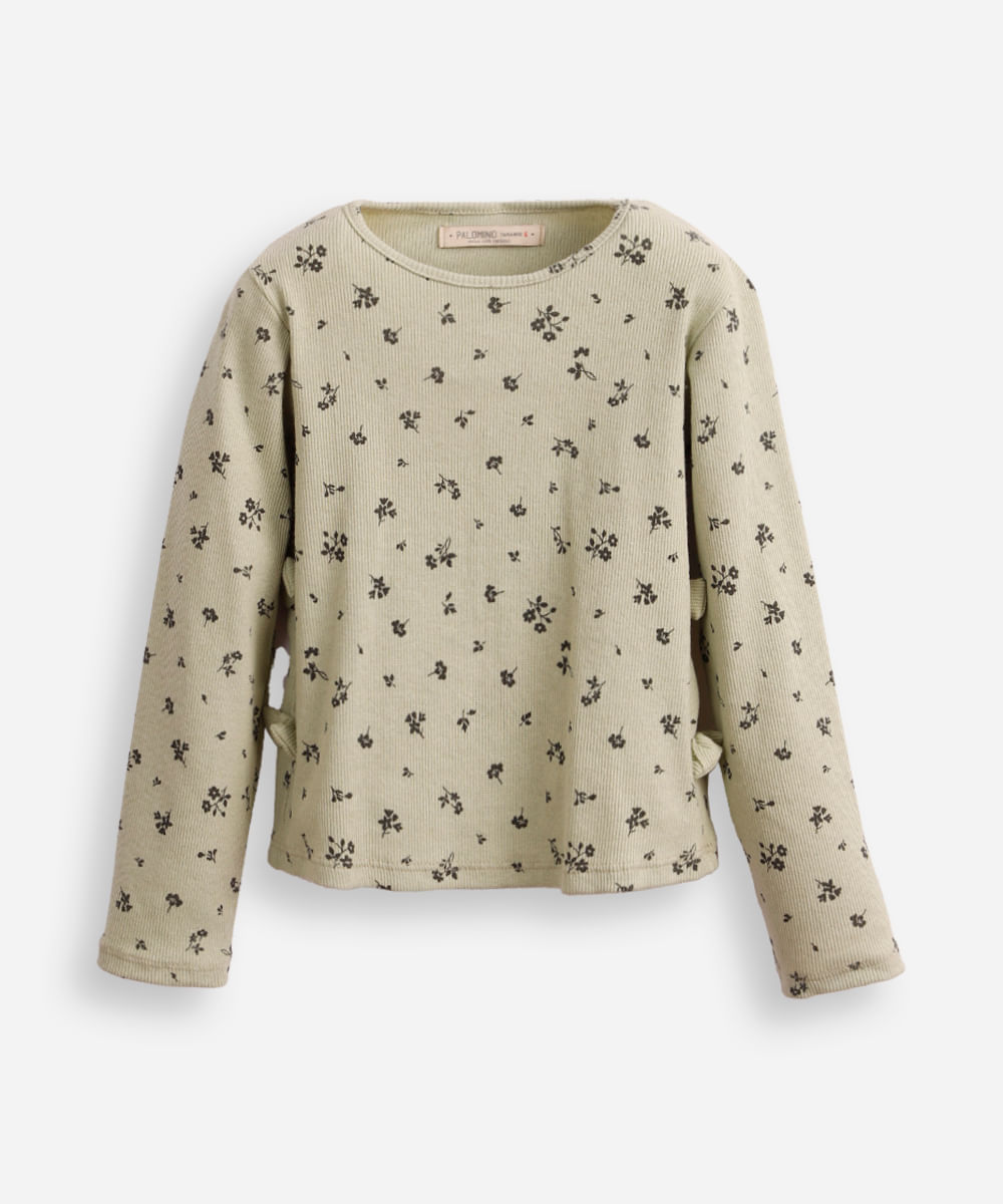blusa de algodão infantil manga longa floral com lacinho verde