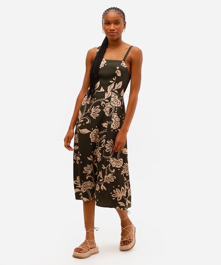 vestido midi feminino de viscose floral com fenda verde M vestido midi feminino de viscose floral com fenda verde M