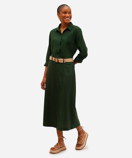 saia midi feminina com linho cintura alta verde 38