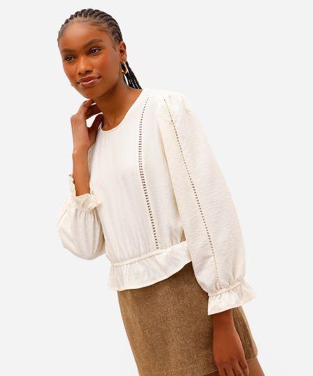 blusa feminina manga longa texturizada off white PP
