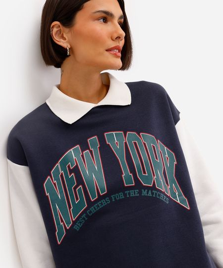 blusão feminino de moletom com gola new york azul PP