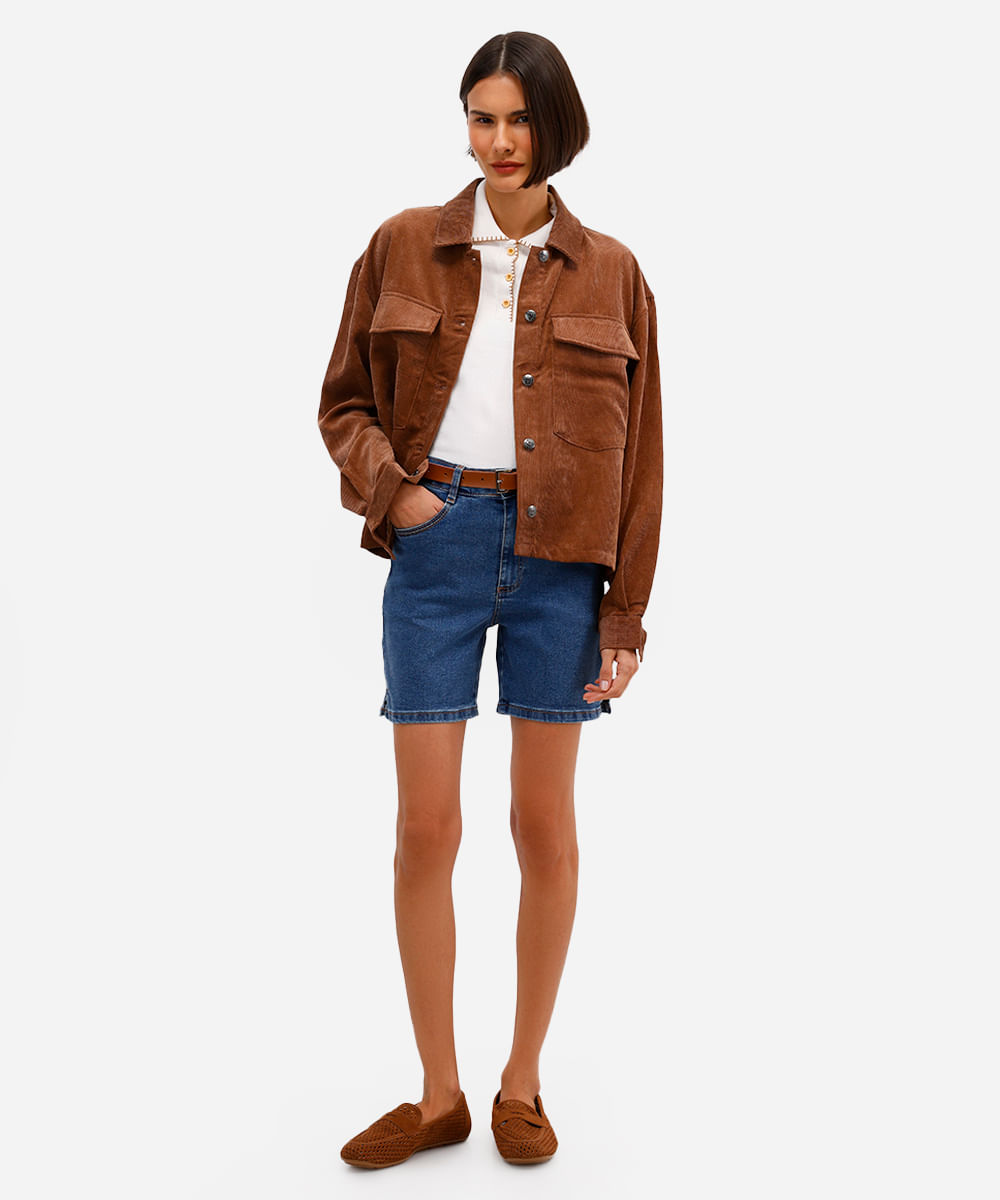 bermuda feminina jeans cintura alta com fendas azul