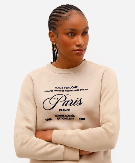 blusão feminino de moletom estampado texturizado bege M