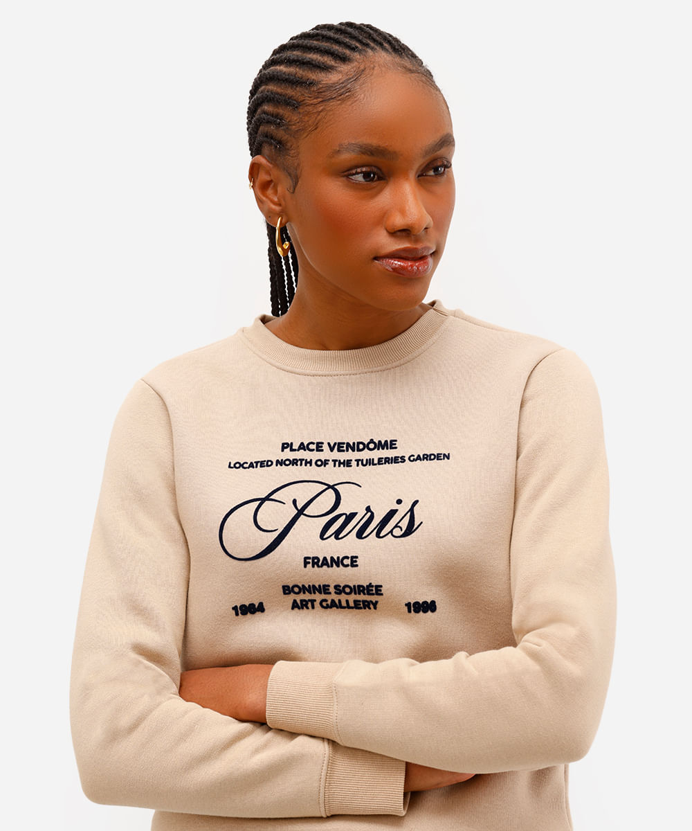 blusão feminino de moletom estampado texturizado bege
