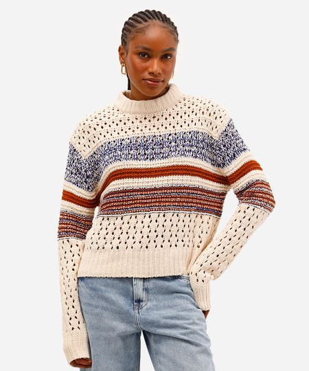 suéter feminino de tricot listrado bege P