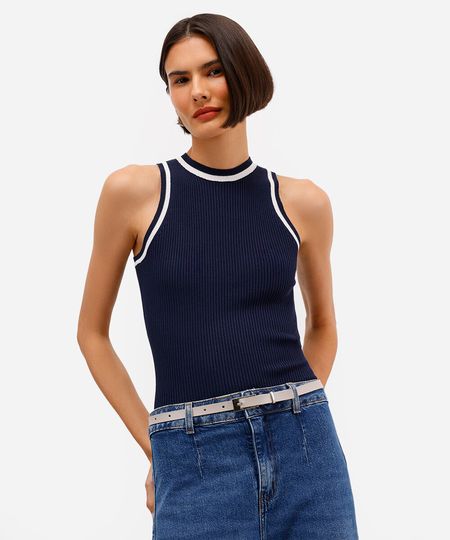 regata de tricot canelada azul P