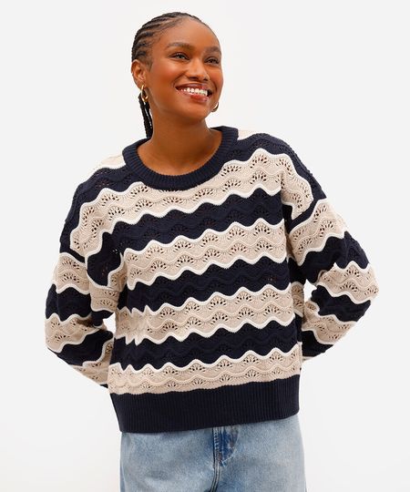 suéter feminino de tricot listrado texturizado bege G