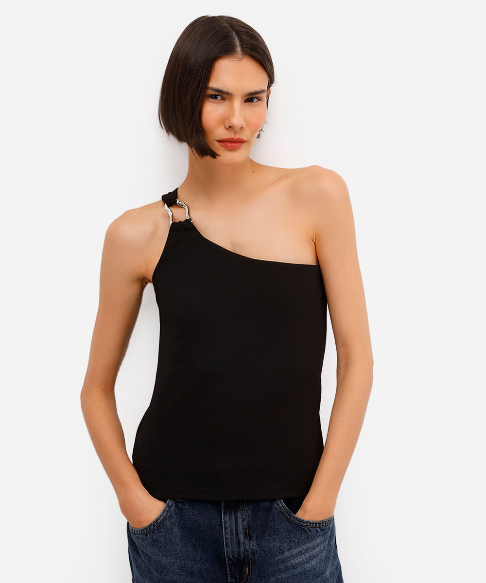 blusa ombro único feminina texturizada preta