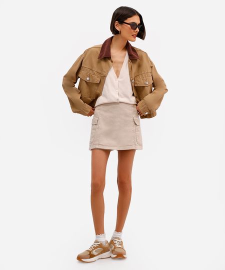 short saia cargo feminino de sarja cintura alta bege 36 short saia cargo feminino de sarja cintura alta bege 36