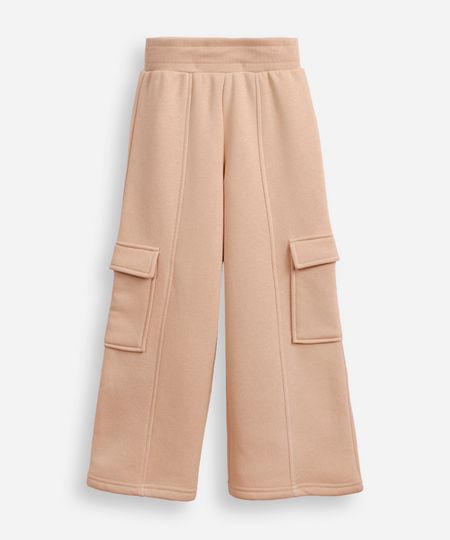 calça wide leg infantil de moletom bolso com lapela bege 12