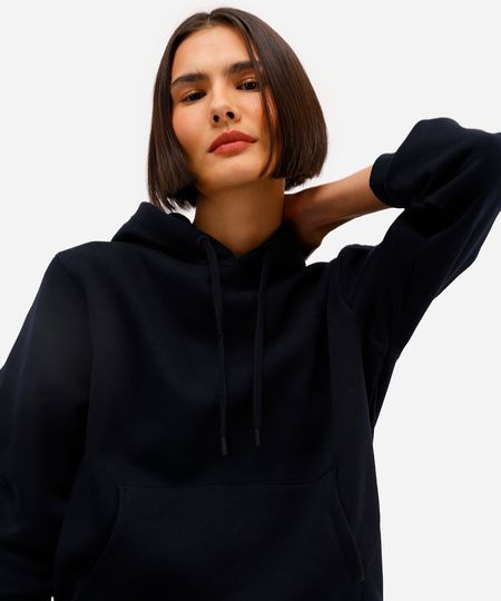 blusão básico feminino de moletom com capuz preto GG
