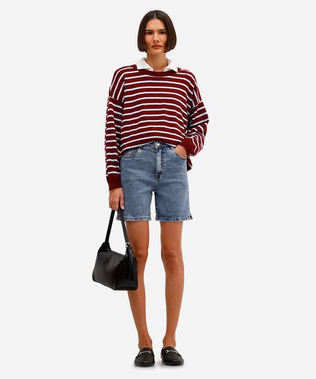 bermuda feminina jeans cintura alta com fendas azul 36