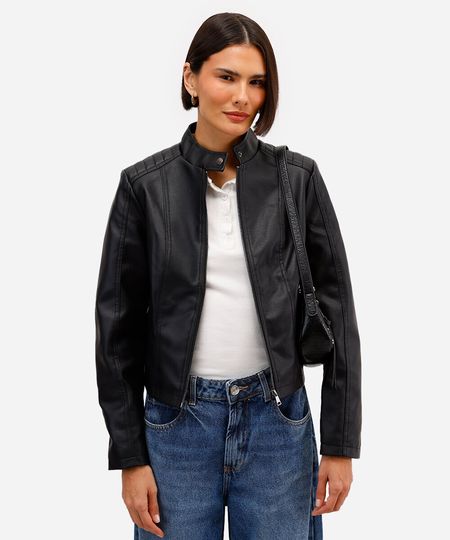 Jaqueta Biker Feminina com Bolsos Preta - preto PP