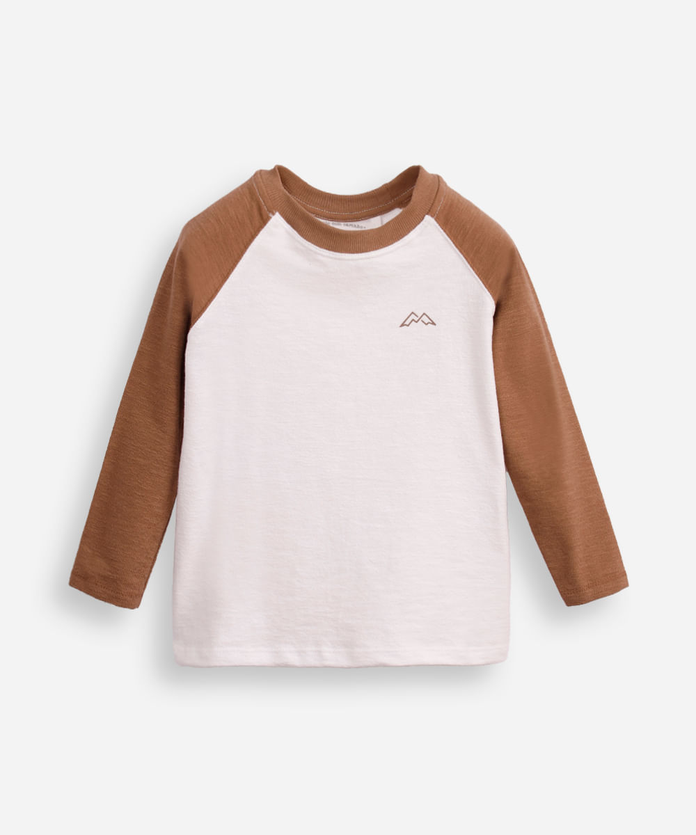blusa de algodão infantil manga raglan texturizada bege