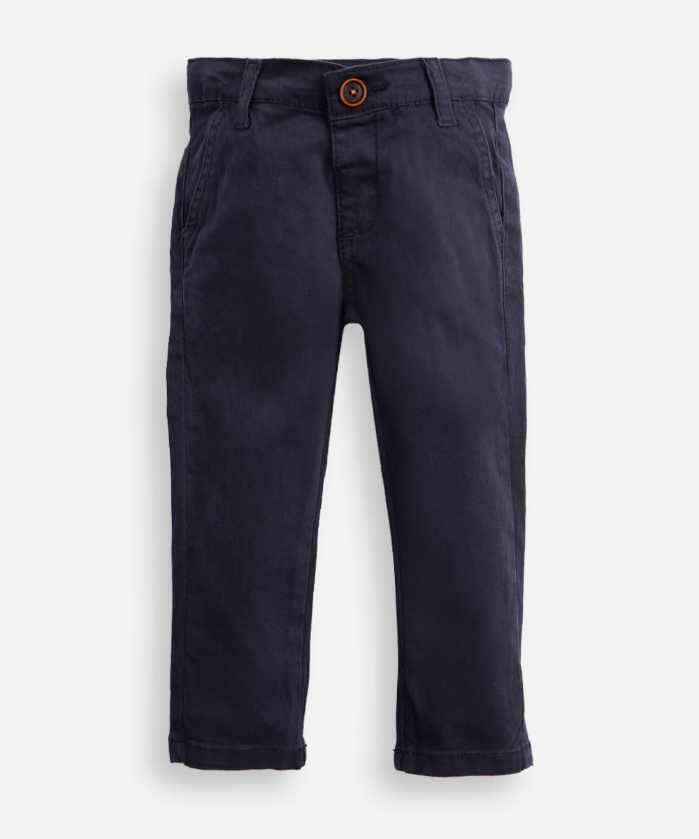 calça slim infantil de sarja com bolso chino azul