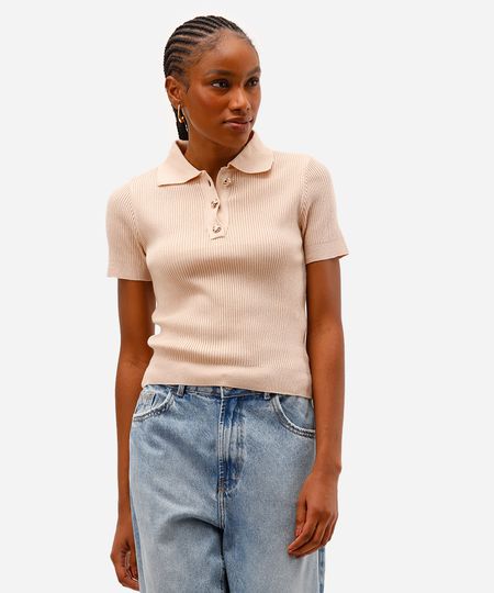 polo feminina de tricot manga curta canelado bege G
