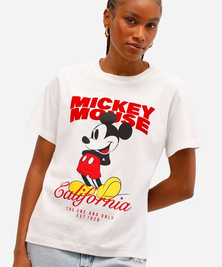 camiseta feminina de algodão manga curta mickey mouse texturizada off white P camiseta feminina de algodão manga curta mickey mouse texturizada off white P