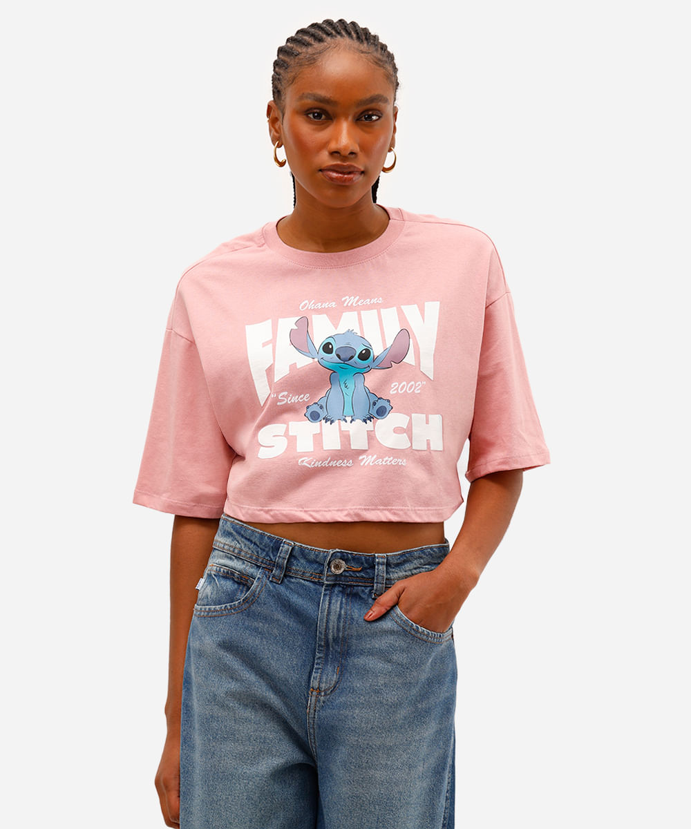 cropped feminino de algodão manga curta stitch rosa