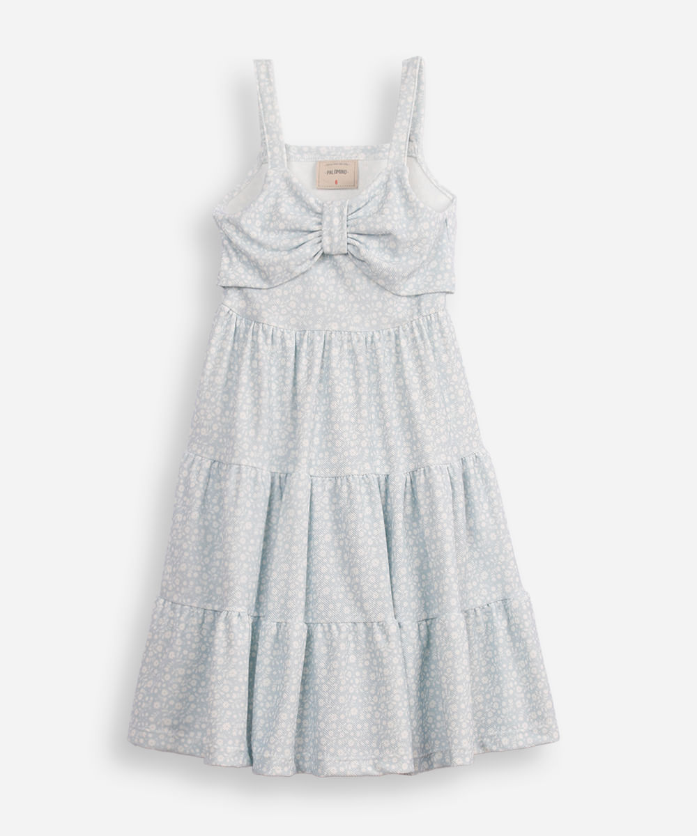 vestido infantil listrado com laço floral azul