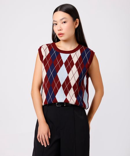 colete feminino de tricot xadrez argyle mindset vinho GG