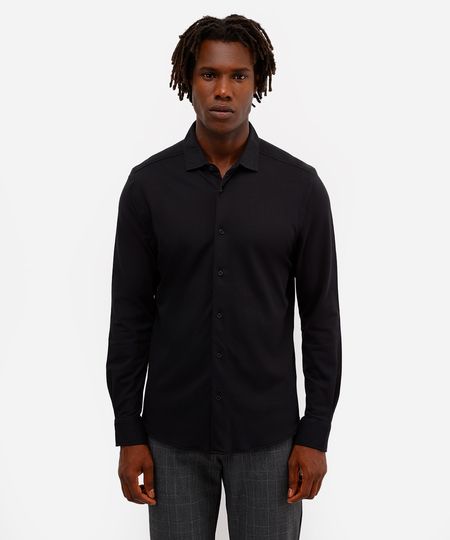 camisa slim masculina de algodão piquet manga longa preta PP