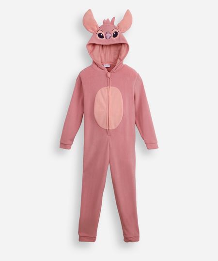 pijama macacão de pelúcia infantil com capuz angel rosa 10