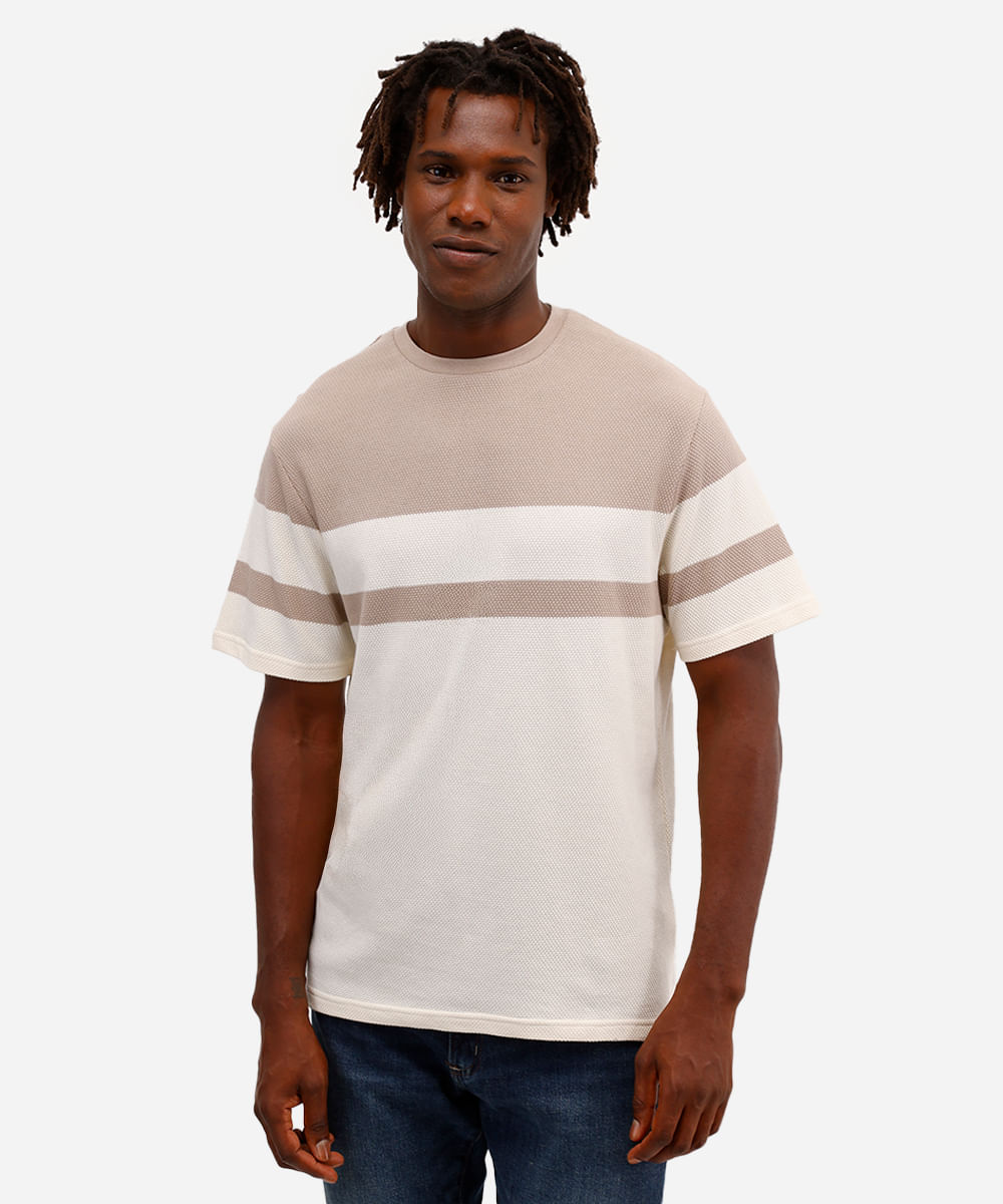 camiseta comfort texturizada listrada manga curta bege
