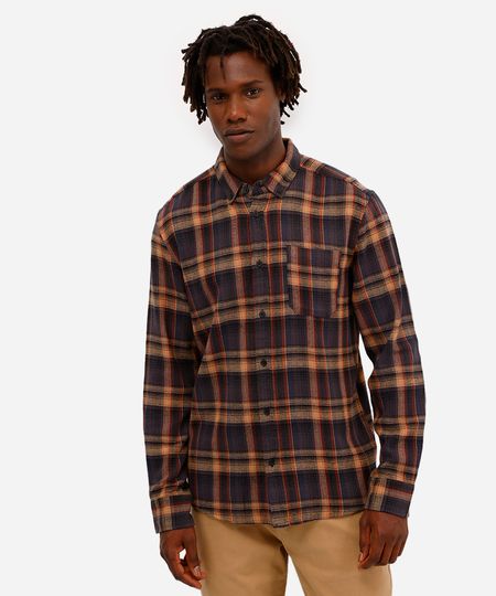 camisa comfort masculina de algodão manga longa xadrez marrom G camisa comfort masculina de algodão manga longa xadrez marrom G