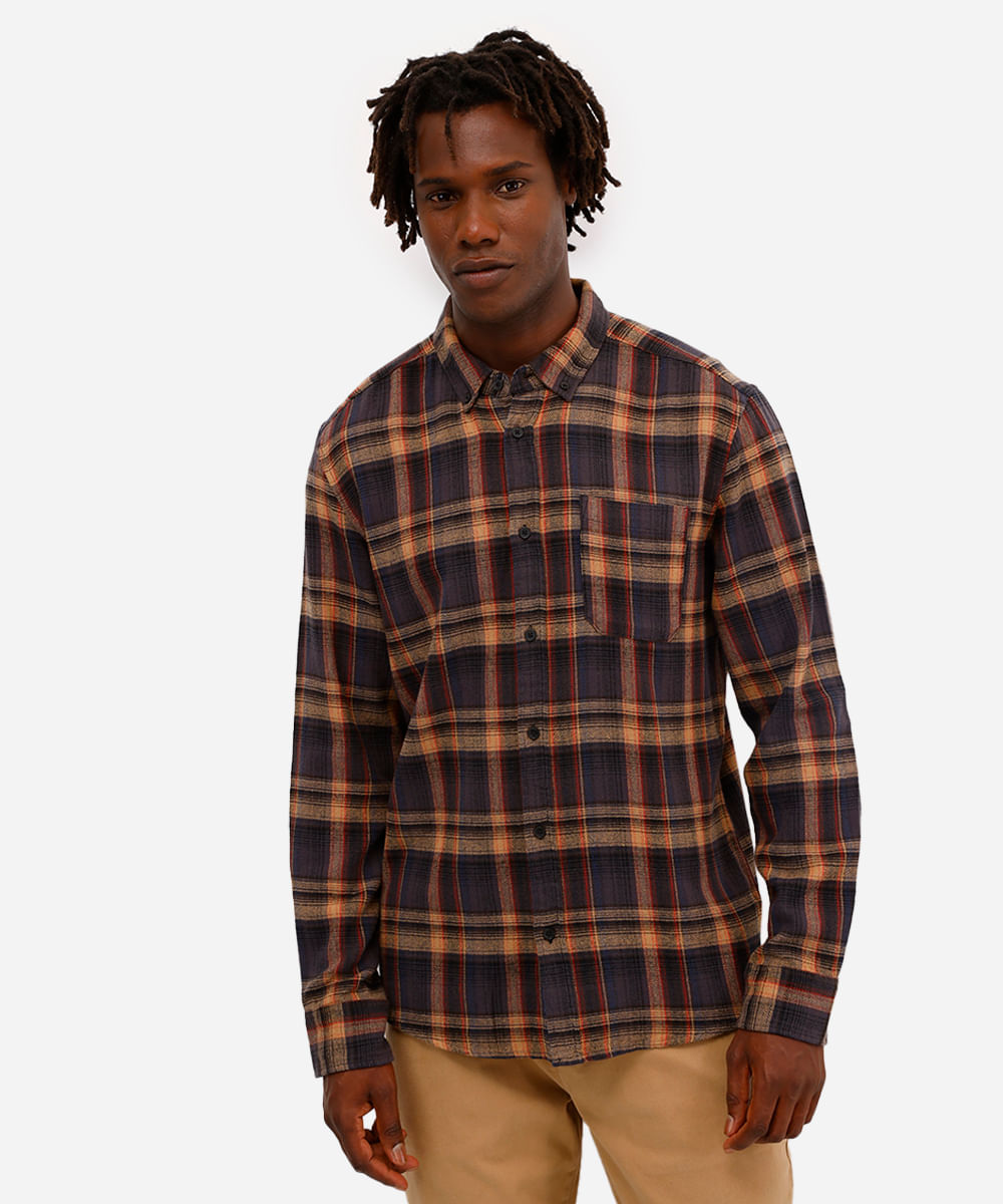 camisa comfort masculina de algodão manga longa xadrez marrom