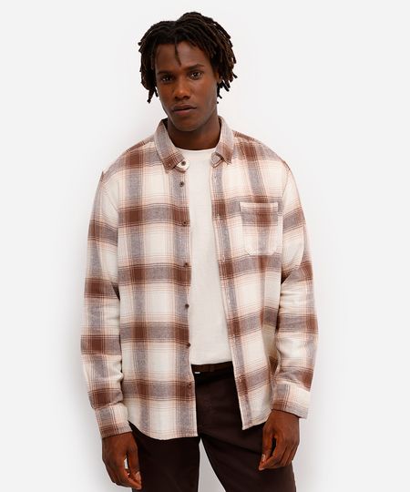 camisa comfort masculina de algodão manga longa xadrez marrom P camisa comfort masculina de algodão manga longa xadrez marrom P