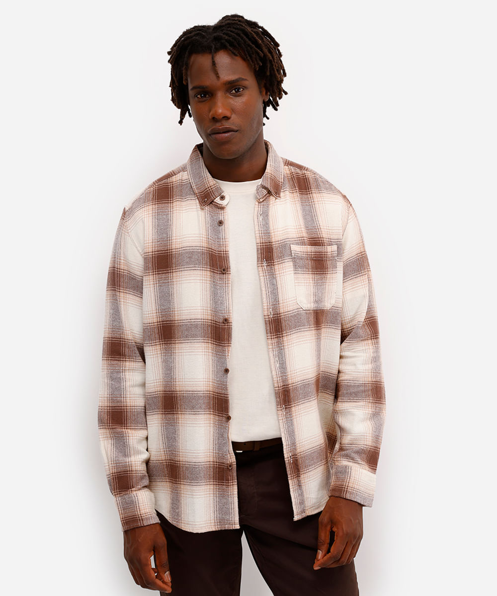 camisa comfort masculina de algodão manga longa xadrez marrom