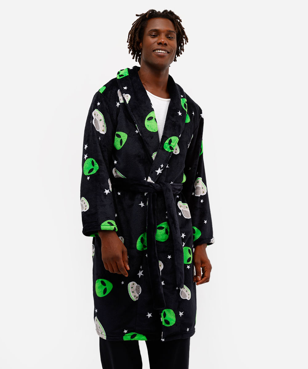 roupão masculino fleece extraterrestre preto