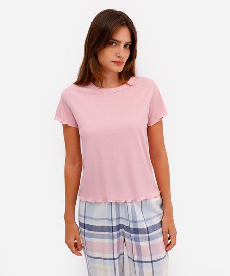 blusa de pijama manga curta canelada rosa P