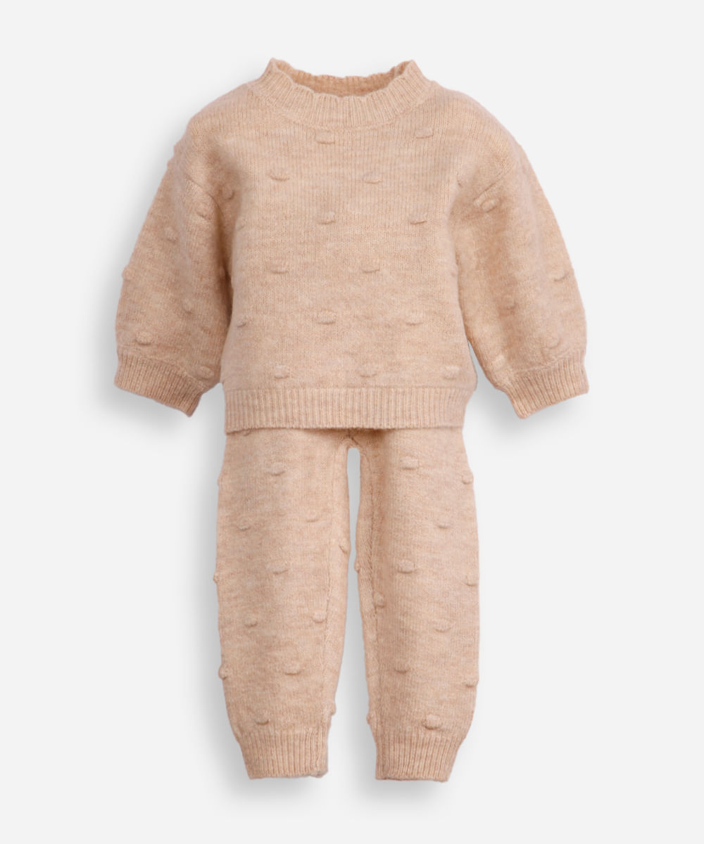 conjunto infantil longo de tricot poá bege