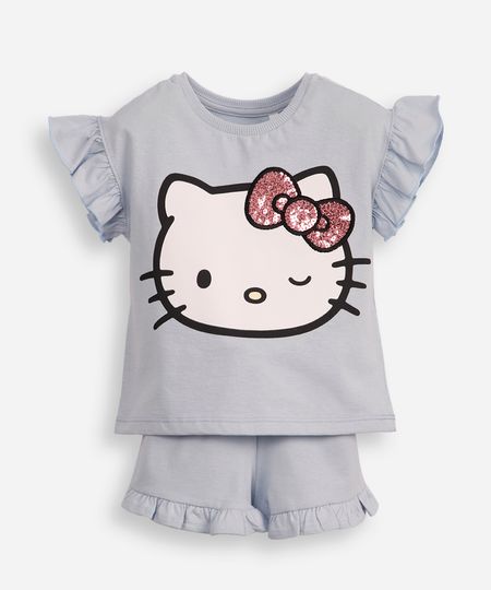 conjunto infantil curto hello kitty com babados e paetê azul 1