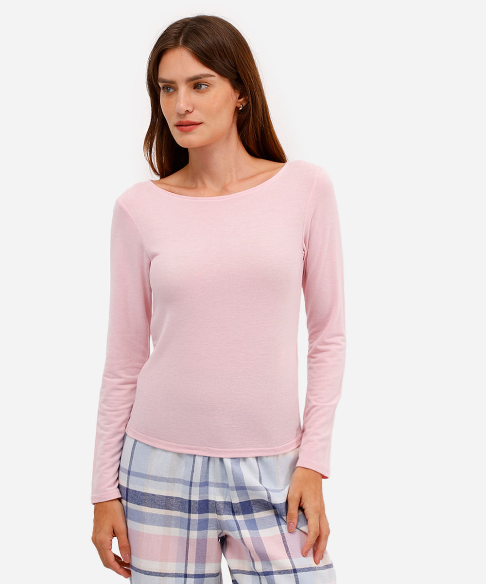 blusa feminina de pijama avulsa manga longa rosa
