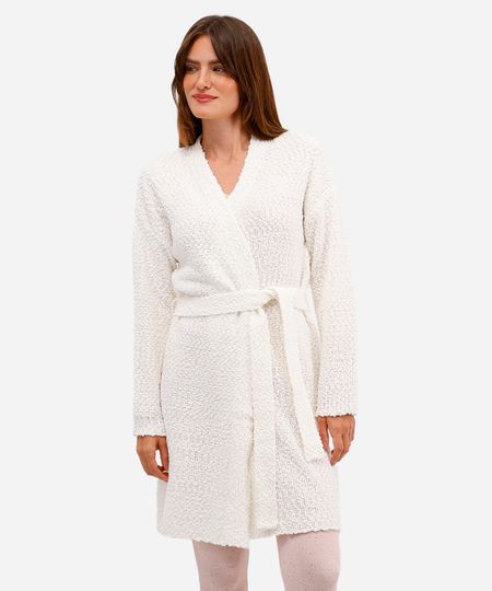 robe feminino de tricot com faixa texturizada off white PP robe feminino de tricot com faixa texturizada off white PP