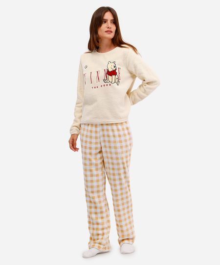 pijama longo feminino fleece com bordado ursinho pooh bege M