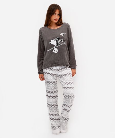 pijama longo feminino fleece com bordado snoopy cinza G
