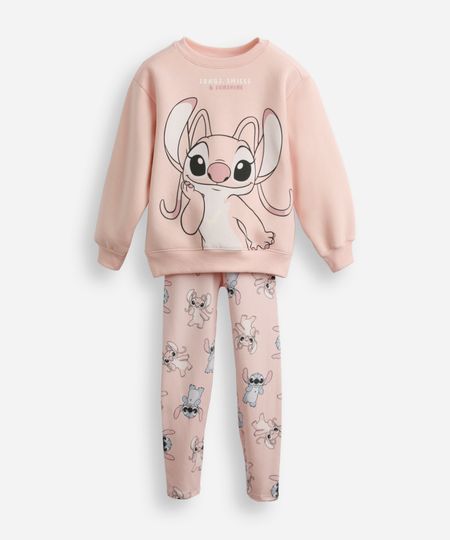 conjunto infantil longo de moletom angel e stitch rosa 4