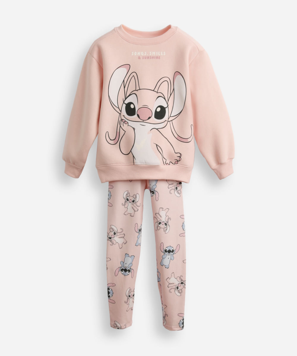 conjunto infantil longo de moletom angel e stitch rosa