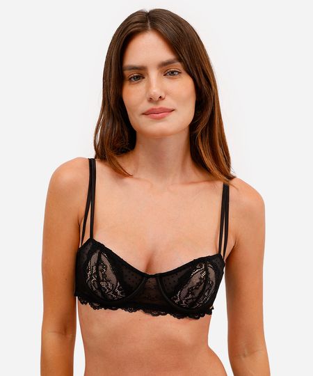 sutiã de renda e tule sem bojo com aro poá verde - preto 42