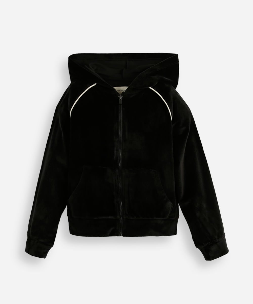 jaqueta de plush infantil com capuz e bolso preta