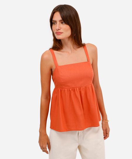 bata feminina com linho decote quadrado laranja G bata feminina com linho decote quadrado laranja G