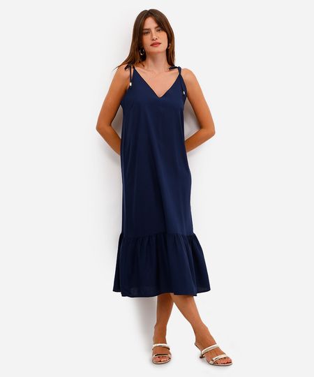vestido midi com linho e recorte azul PP