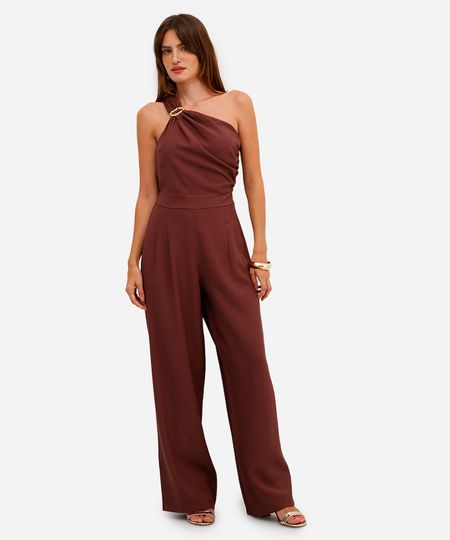 macacão ombro único feminino de viscose franzido marrom PP