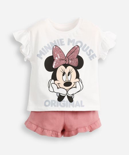 conjunto infantil curto minnie com paetê off white 1