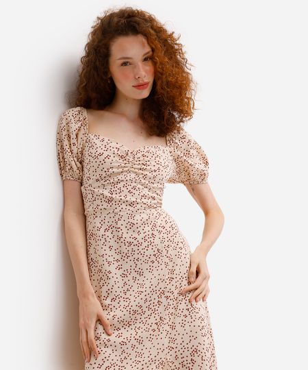 vestido midi feminino de viscose manga bufante poá bege PP vestido midi feminino de viscose manga bufante poá bege PP