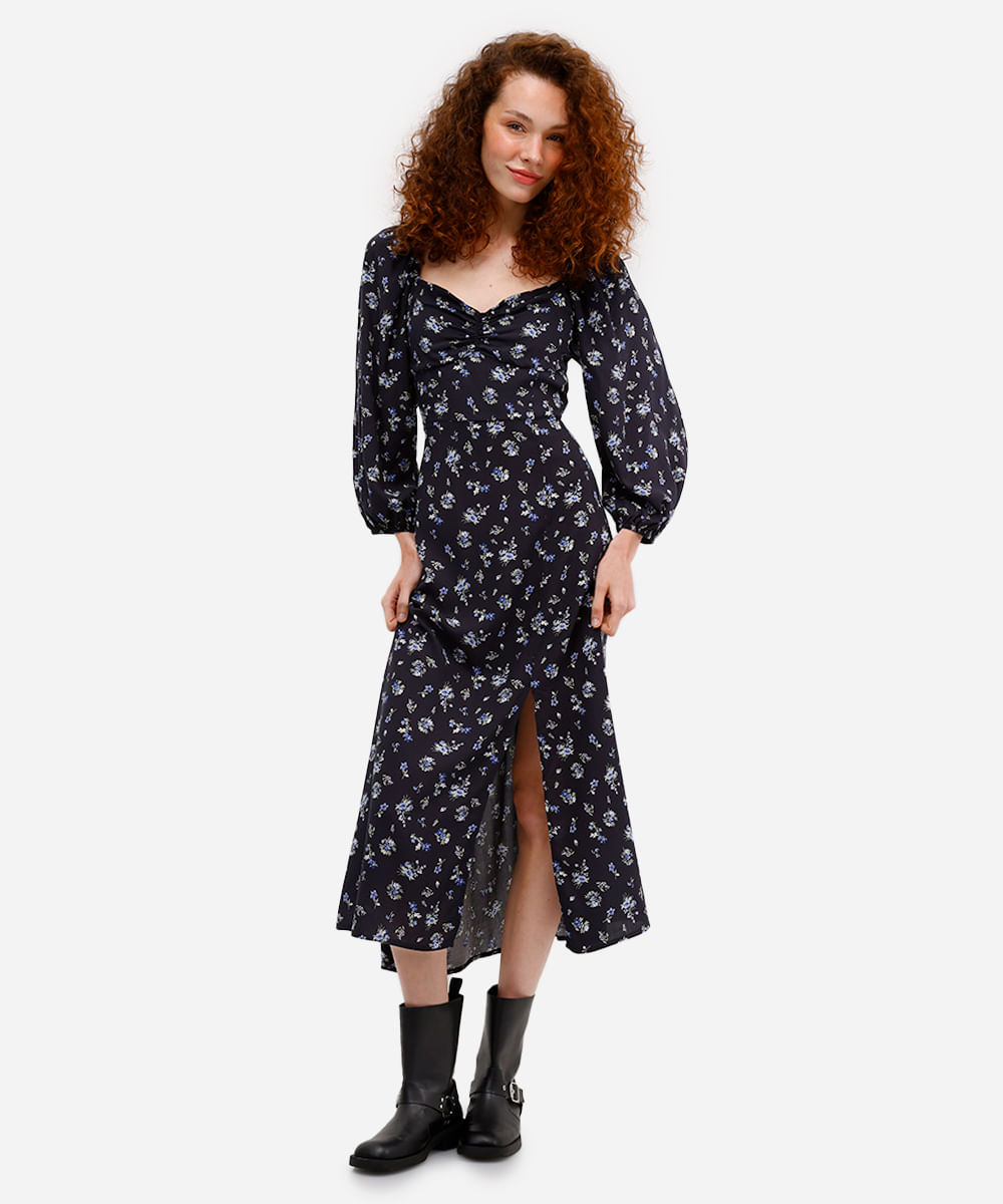 vestido midi feminino de viscose manga bufante floral preto